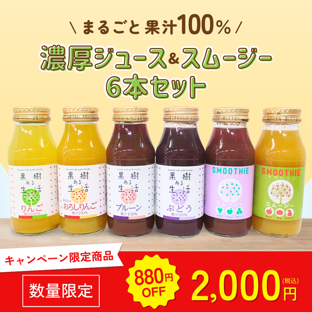 まるごと果汁100％ 濃厚ジュース＆スムージー6本セット【キャンペーン専用商品】